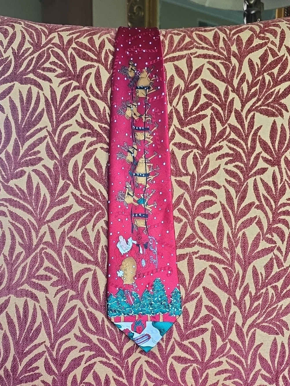 Festive Red Holiday Tie with Santa and Reindeer Motif